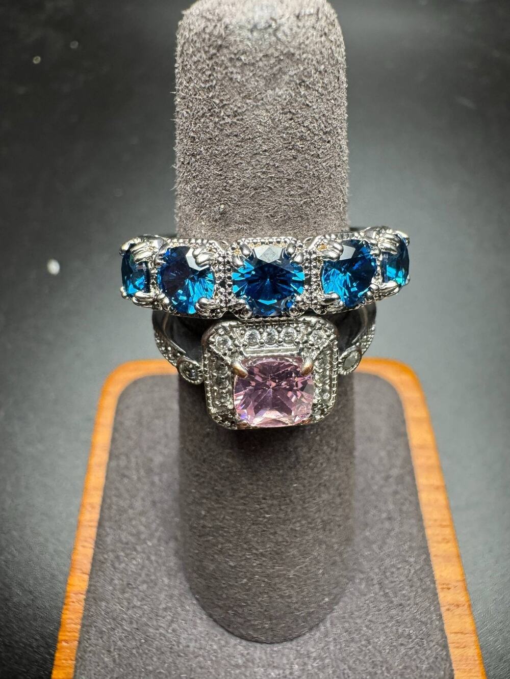 Ring Bomb Party Fashion Ring Set Silver Tone Pink Blue Stone Costume Jewelry
